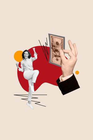 Vertical collage of young funny business woman raise fists up her salary growth usd pay profit celebration isolated on beige backgroundの写真素材