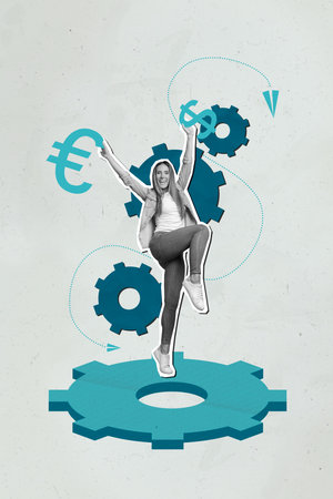 Vertical collage of young funky woman raise hands up hold currency dollar symbol versus euro mechanism cogwheel isolated on blue backgroundの写真素材