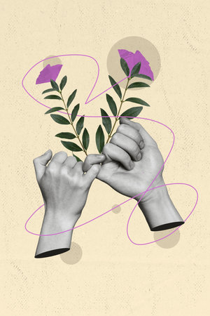 Vertical collage image of two black white effect arms hold pinky fingers fresh flowers isolated on drawing beige backgroundの写真素材