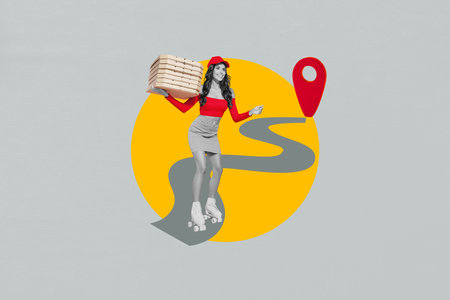 Picture sketch 3d pop collage of charming cute girl riding carrying tasty pizza fast delivery service isolated on drawing backgroundの写真素材