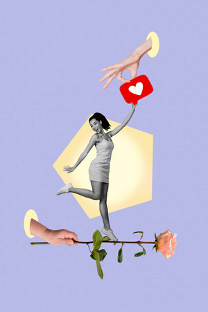 Vertical creative collage design full body photo of cheerful sweet funky lady jumpreceive pink rose feelings isolated on purple backgroundの写真素材