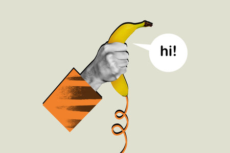 Composite photo illustration retro collage of arm holding banana retro cellphone say hi greetings isolated creative colorful backgroundの写真素材