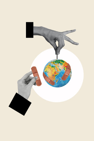 Vertical collage picture of black white colors arm fingers hold mini hang string planet earth globe...