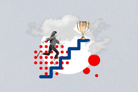 Collage artwork illustration of running funny teenager aspired girl climb up stairs ladder receive prize goblet isolated on grey backgroundの写真素材