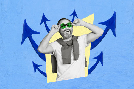 Photo comics sketch collage picture of funky guy watching income growing blowing isolated blue color...