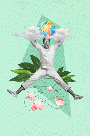 Creative graphics collage painting of impressed excited guy saving planet environment isolated green color backgroundの写真素材