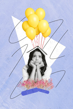 Creative magazine collage of upset lady having bad mood celebrating new school eyear start isolated colorful backgroundの写真素材