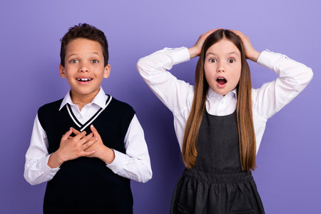 Omg school discounts photo of screaming schookids after look low price supply isolated purple color backgroundの写真素材