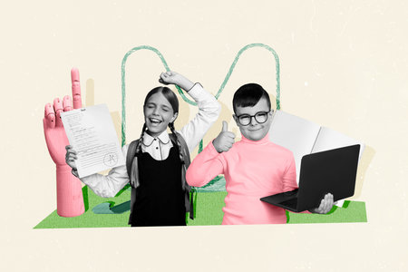 Creative composite photo artwork collage of satisfied happy classmates hold laptop form pass exam isolated on pastel color backgroundの写真素材