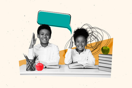 Composite photo collage illustration template classroom raise hands up kids studying lecture answering isolated on drawn backgroundの写真素材