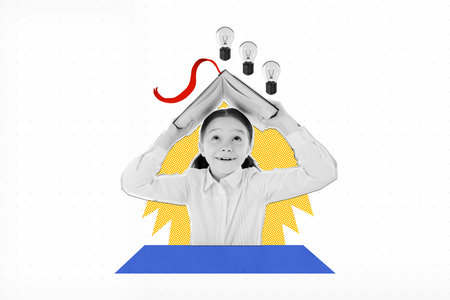 Artwork collage of cheerful black white effect girl hold book above head absorb knowledge light bulb isolated on creative backgroundの写真素材