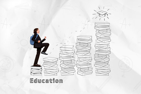 Funny inspired schoolboy running upwards stack books ambition get graduation tassel education important collage isolated on white backgroundの写真素材
