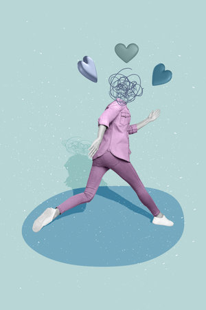 Vertical creative composite artwork photo collage of headless woman doodle instead of head running on date isolated on painted backgroundの写真素材