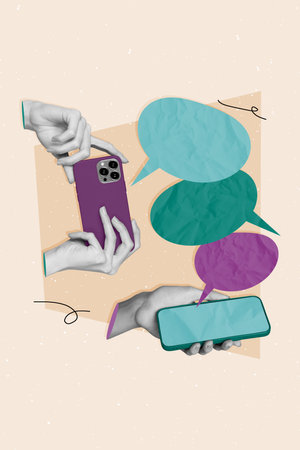 Vertical picture image collage hold smartphones two digital modern gadgets chatting phrases discuss...