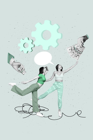 Illustration collage of two young girls colleagues cooperation competition create new mechanism make money isolated over grey backgroundの写真素材