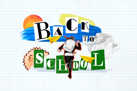Creative collage image of black white effect girl carry rucksack running back to school paper plane isolated on checkered copybook backgroundの写真素材