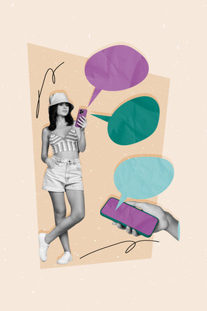 Vertical photo template collage of funny young woman holding smartphone dialogue internet media messenger isolated on beige backgroundの写真素材