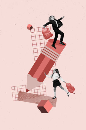 Vertical composite collage school children playing with huge pen drawing lesson subject supplies hold backpacks isolated on pink backgroundの写真素材