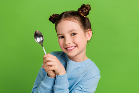 Photo of cheerful positive small schoolgirl with buns dressed blue sweatshirt hold spoon hands together isolated on green color backgroundの写真素材