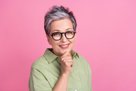 Portrait photo cadre of thoughtful minded clever businesswoman pensioner touch chin expert manager...