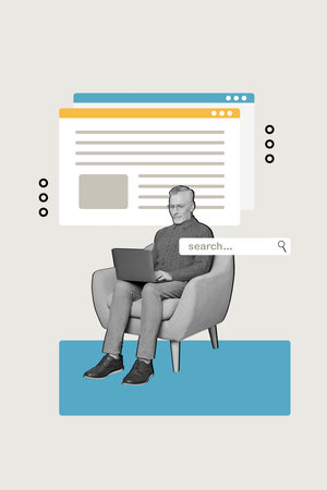 Banner collage sketch of retried man sitting home comfy chair use netbook search information isolated on drawing backgroundの写真素材