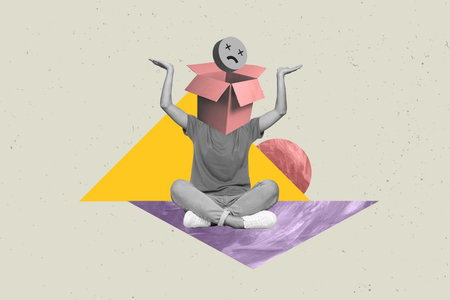 Creative drawing collage picture of young man head carton cardboard open box emoji emoticon face sign feelings emotions therapy sessionの写真素材