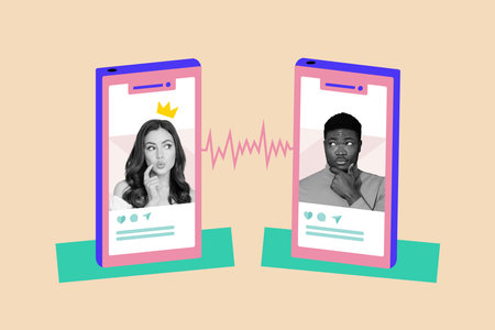 Illustration collage artwork of two funny minded people lovers chatting social media messenger...