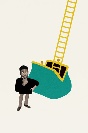 Vertical composite creative photo collage of minded guy look at ladder in wallet planning investments isolated white color backgroundの写真素材