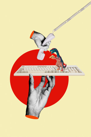 Vertical collage picture of black white colors arms hold computer keyboard handset cable telephone mini dinosaur toy isolate don beige backgroundの写真素材