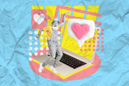 Poster artwork sketch of cheerful elderly man grandfather dancing communicating wireless netbook isolated on drawing backgroundの写真素材