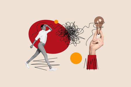 Poster 3d collage sketch image of happy smiling man look far away excellent idea strategy plan isolated on drawing backgroundの写真素材