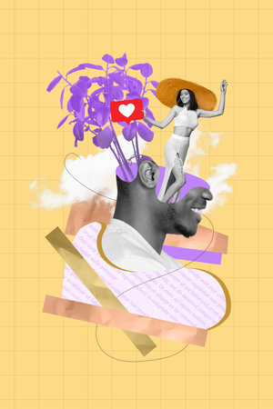 Composite collage picture image of beautiful pretty attractive female dating matching application couple head minded think dreamyの写真素材