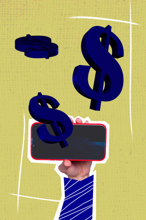 Vertical template picture smartphone touchscreen device dollar investing plan bitcoin currency now isolated on green color backgroundの写真素材