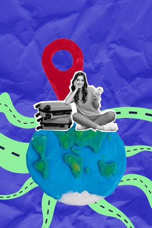 Collage image of young girl sitting over planet earth plasticine waiting her airplane with suitcases geotag isolated on blue backgroundの写真素材