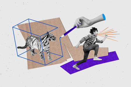 Composite collage image of running away visit zoo animal cat leopard hand hold pencil drawing cage weird freak bizarre unusual fantasyの写真素材