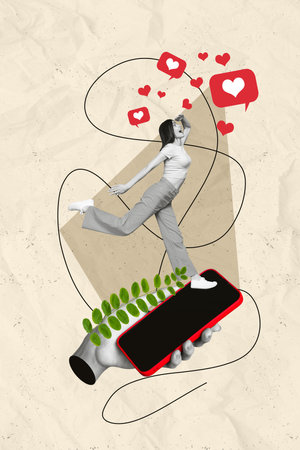 Photo collage cartoon comics sketch picture of funny lady getting instagram twitter telegram facebook likes isolated drawing backgroundの写真素材