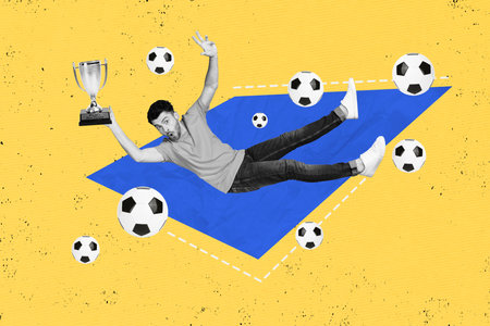 Picture surreal collage sketch artwork of excited funky guy hold cup first place fifa league isolated on drawing beige color backgroundの写真素材