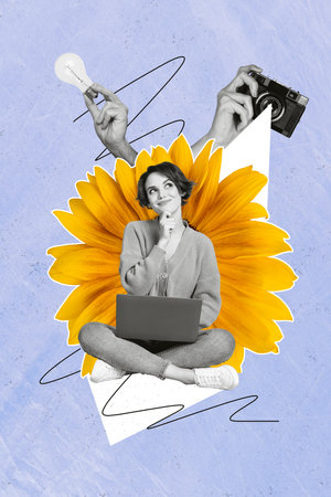 Vertical image picture collage of minded cute girl use netbook choose hobby creative plan decision isolated on blue drawing backgroundの写真素材