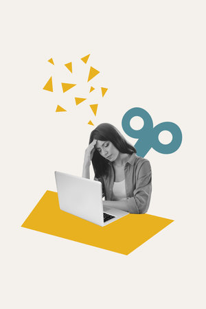 Vertical composite creative illustration photo collage of overworked woman sit in office with laptop isolated white color backgroundの写真素材