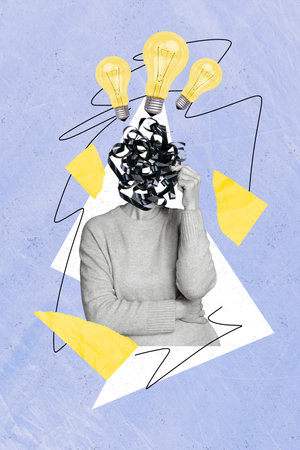 Photo banner collage artwork intelligent business person headless cassette record tape lightbulb brainstorming isolated on blue backgroundの写真素材