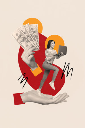 Vertical composite photo collage of excited satisfied girl run on big hand hold laptop earn money isolated on creative drawing backgroundの写真素材