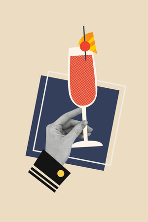 Vertical creative composite photo collage of arm hold glass beverage celebrate holiday in restaurant isolated on beige color backgroundの写真素材