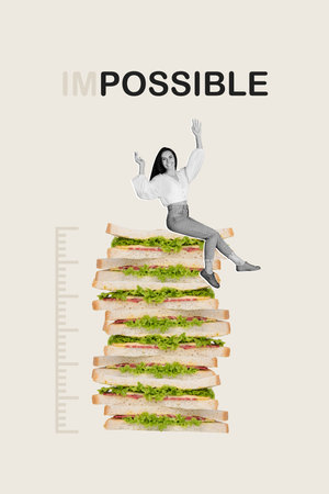 Vertical collage of excited mini black white colors girl sit top pile stack sandwiches im possible...