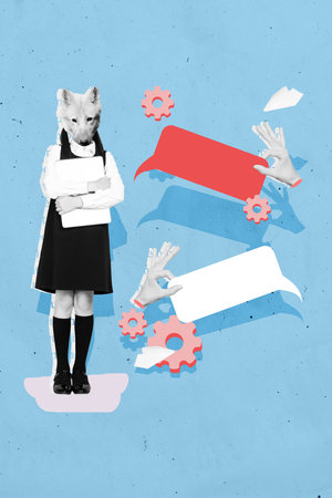 Vertical creative composite photo collage of small schoolgirl wolf instead of head hug laptop chatting isolated on blue color backgroundの写真素材