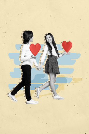 Vertical collage picture of two black white colors people hold arms heart walking communicate book text isolated on beige backgroundの写真素材
