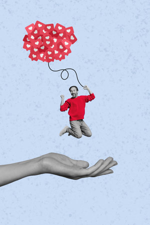 Funky jumping carefree man flying collage air ballon shape heart icons blogging overjoyed media isolated on blue backgroundの写真素材