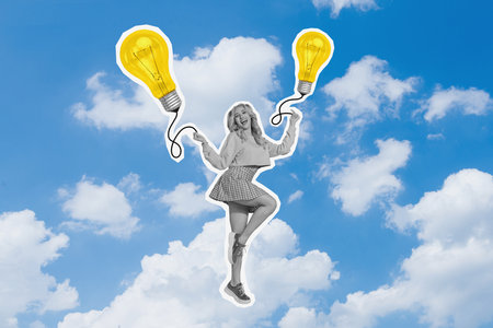 Photo picture 3d collage of happy charming girl clever student have brilliant idea hold two lamp bulbs isolated on blue sky backgroundの写真素材