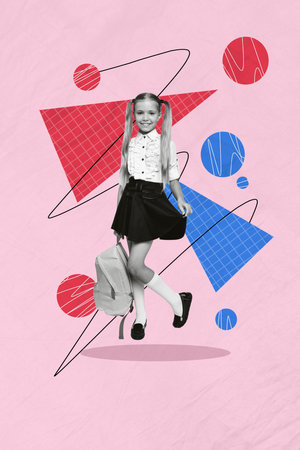 Cute schoolgirl collage illustration picture hold backpack rucksack supplies holiday knowledge day september isolated on drawn backgroundの写真素材
