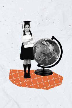 Creative collage illustration artwork girl wearing uniform school studying globus master graduation isolated on grey color backgroundの写真素材