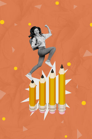 Photo collage artwork picture of funky lucky small schoolkid achieving success step by step isolated orange color backgroundの写真素材